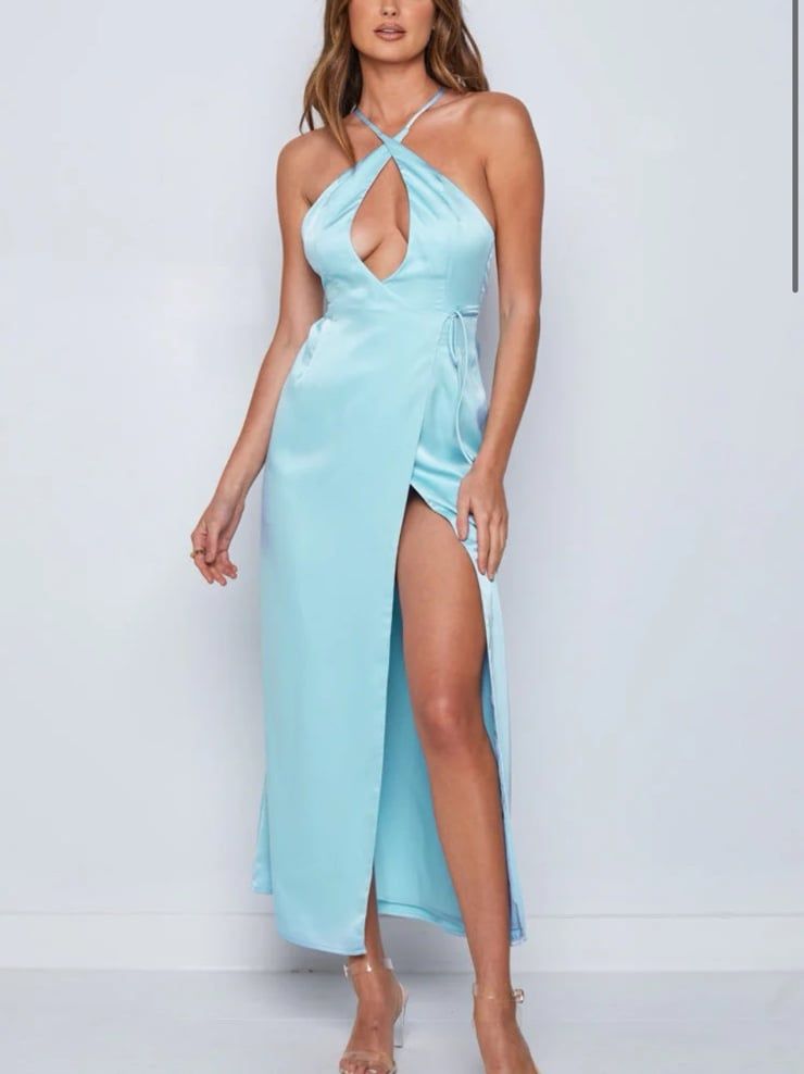 Beginning Boutique Amia Blue Satin Halter Keyhole Cutout Maxi Dress Nwt Size Xs